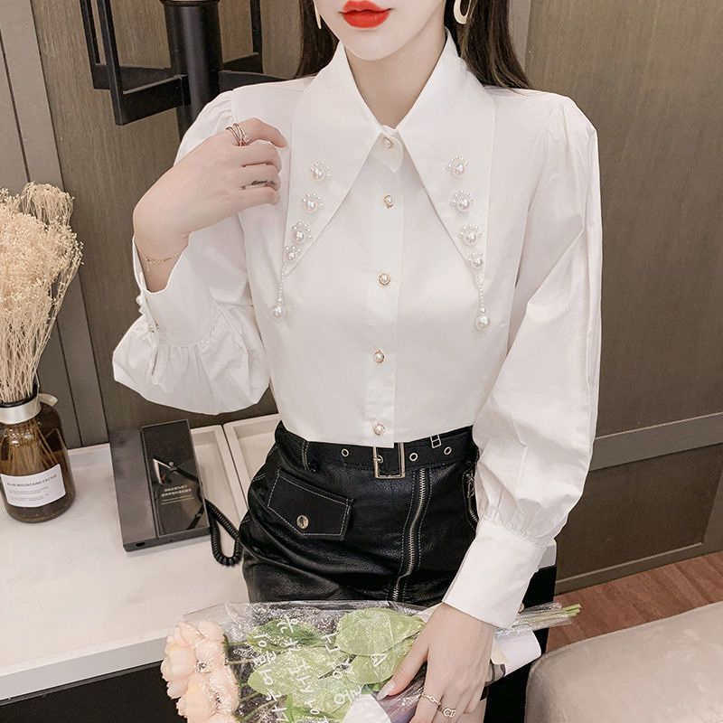 Women's Blouses Shirts 2022 Autumn Korean Trendy Retro Elegant White Blouse Top Female Chic Beads Long Sleeve Loose Work Wear Button Up Shirt for Women P230427