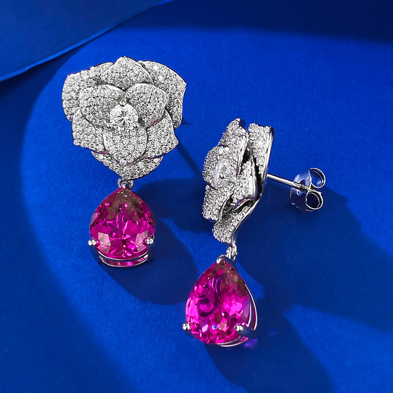 Flower Ruby Diamond Dangle Earring 100% prawdziwy 925 Srebrny srebrny kolczyki ślubne dla kobiet Bridal zaręczynowy Prezent biżuterii