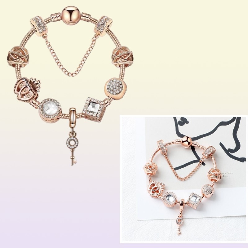 Original s 925 Silver Rose Gold Crystal Lock Pendant Bracelet DIY Beads Charm Safety Chain Bracelets Jewelry Holiday Gift8169391