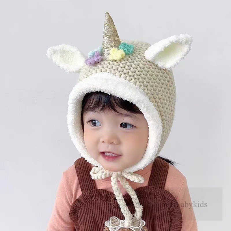 Toddler kids flowers unicorn knitted hats little boys girls stereo plush ear beanie autumn winter children fleece windbreak warm cap Z5630