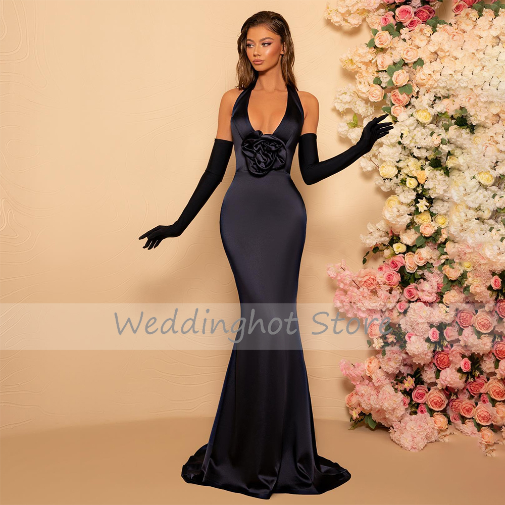 Robe de soirée sirène noire Satin licou sans manches Sexy femmes robes de soirée longue 3D fleur trompette Simple robes de soirée de bal