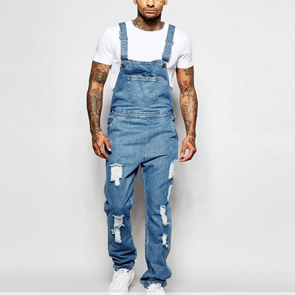 Mäns jeans mode män suspender denim jumpsuit rippade jeans