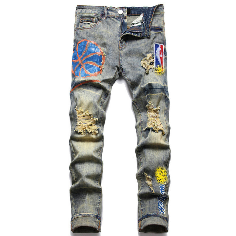 Men's Jeans European Jean Hombre Letter Star AM tiny spot Men Embroidery Patchwork Ripped Trend Brand Motorcycle Pant Mens Skinny AM3168# size 29-38