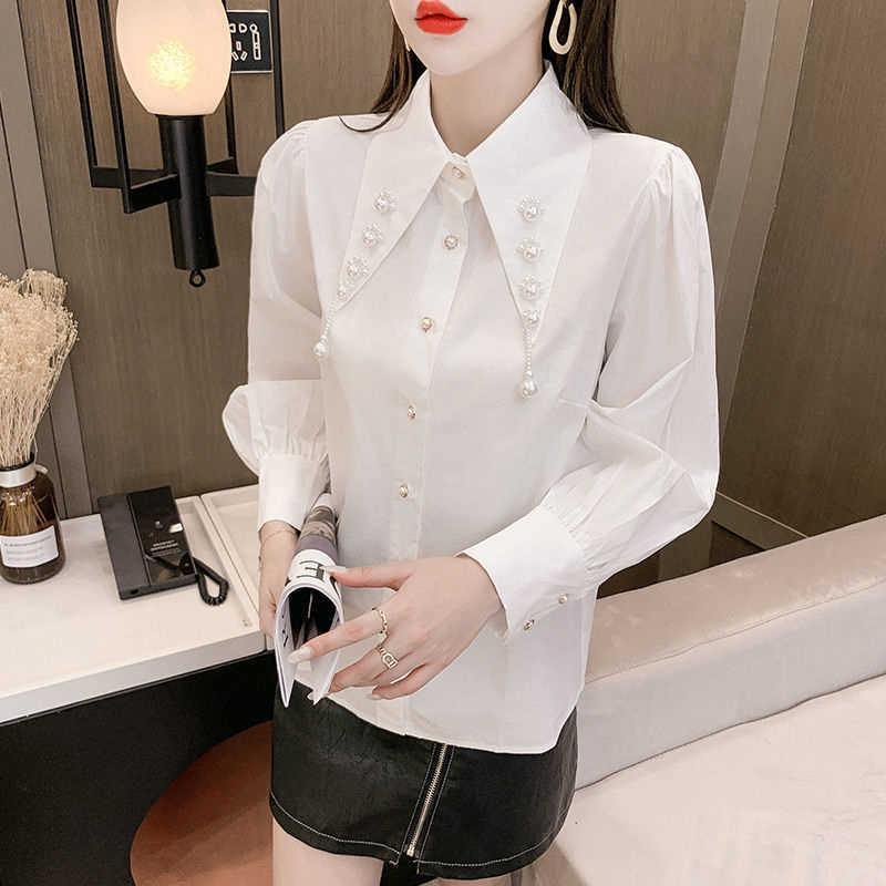 Women's Blouses Shirts 2022 Autumn Korean Trendy Retro Elegant White Blouse Top Female Chic Beads Long Sleeve Loose Work Wear Button Up Shirt for Women P230427