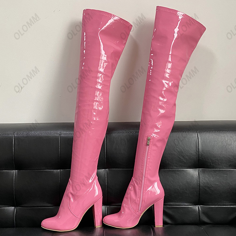 Olomm Damen-Winter-Overknee-Stiefel, quadratische High-Heels-Stiefel, schöne runde Zehen, wunderschöne lila Party-Schuhe für Damen, US-Größe 5–20