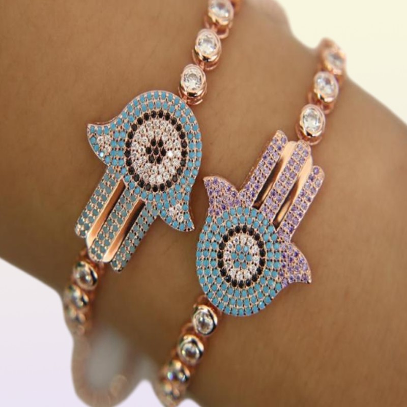 Pulseira inteira de alta qualidade CZ roxo azul hamsa joias turcas turquesas pedra corrente de tênis pulseiras ajustáveis42711315364103