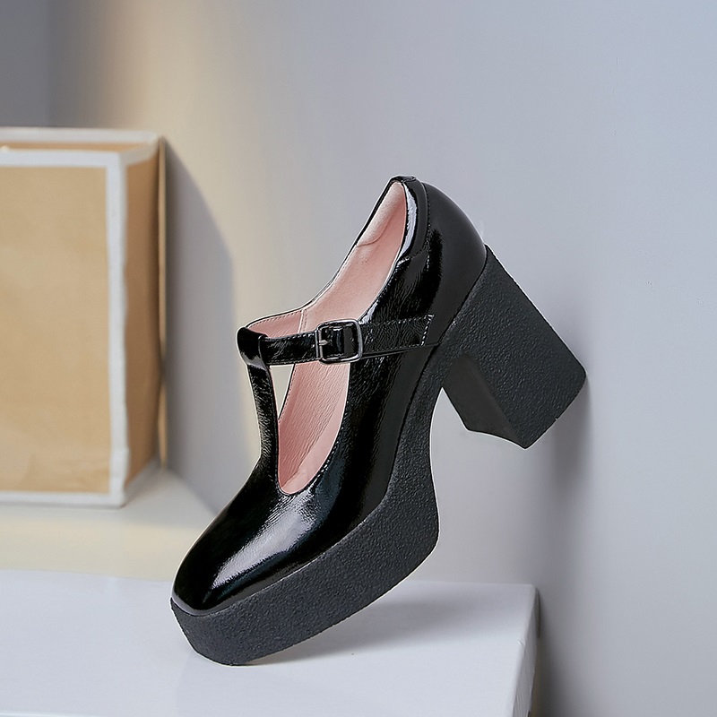 Zwart wit platform Pumps T-strek lakleer Dikke hoge hakschoenen Bourgondië Chunky Mary Jane Parkside Block Pumps Women