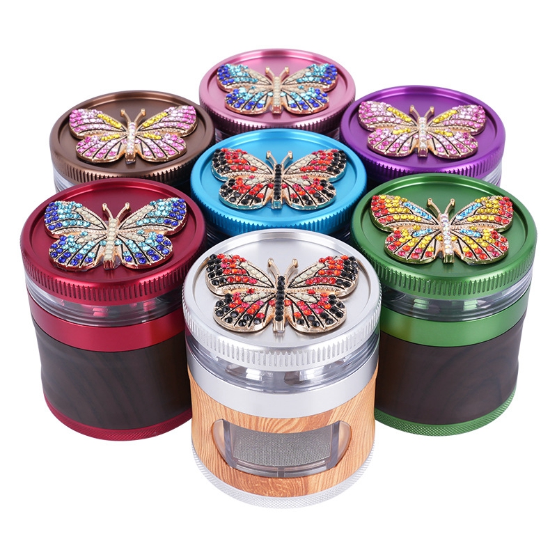 Neueste Rauchen Bunte Schmetterling Aluminium 63 MM Tragbare Schublade Kraut Tabak Grind Spice Miller Grinder Crusher Grinding Chopped Hand Muller Zigarettenspitze