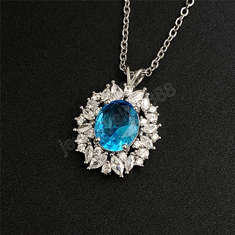 Oval Cut Aqua Blue Color Crystal Stone Cubic Zirconia Necklace For Women Banquet Party Jewelry Gift