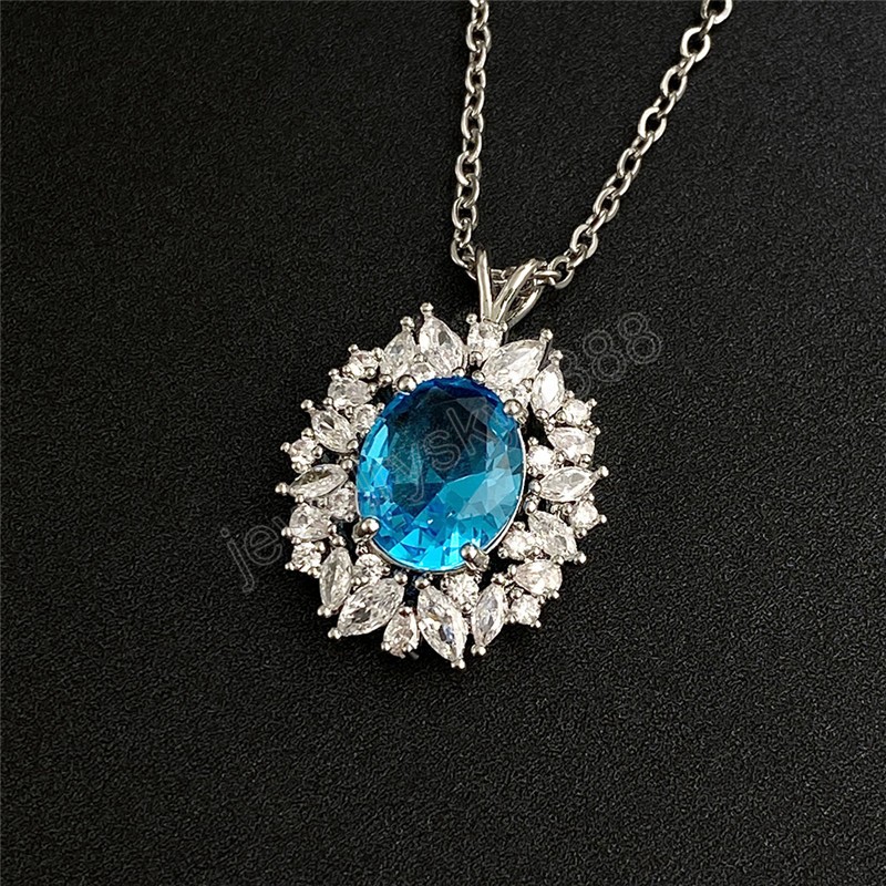 Oval Cut Aqua Blue Color Crystal Stone Cubic Zirconia Necklace for Women Banquet Party Jewelry Gift