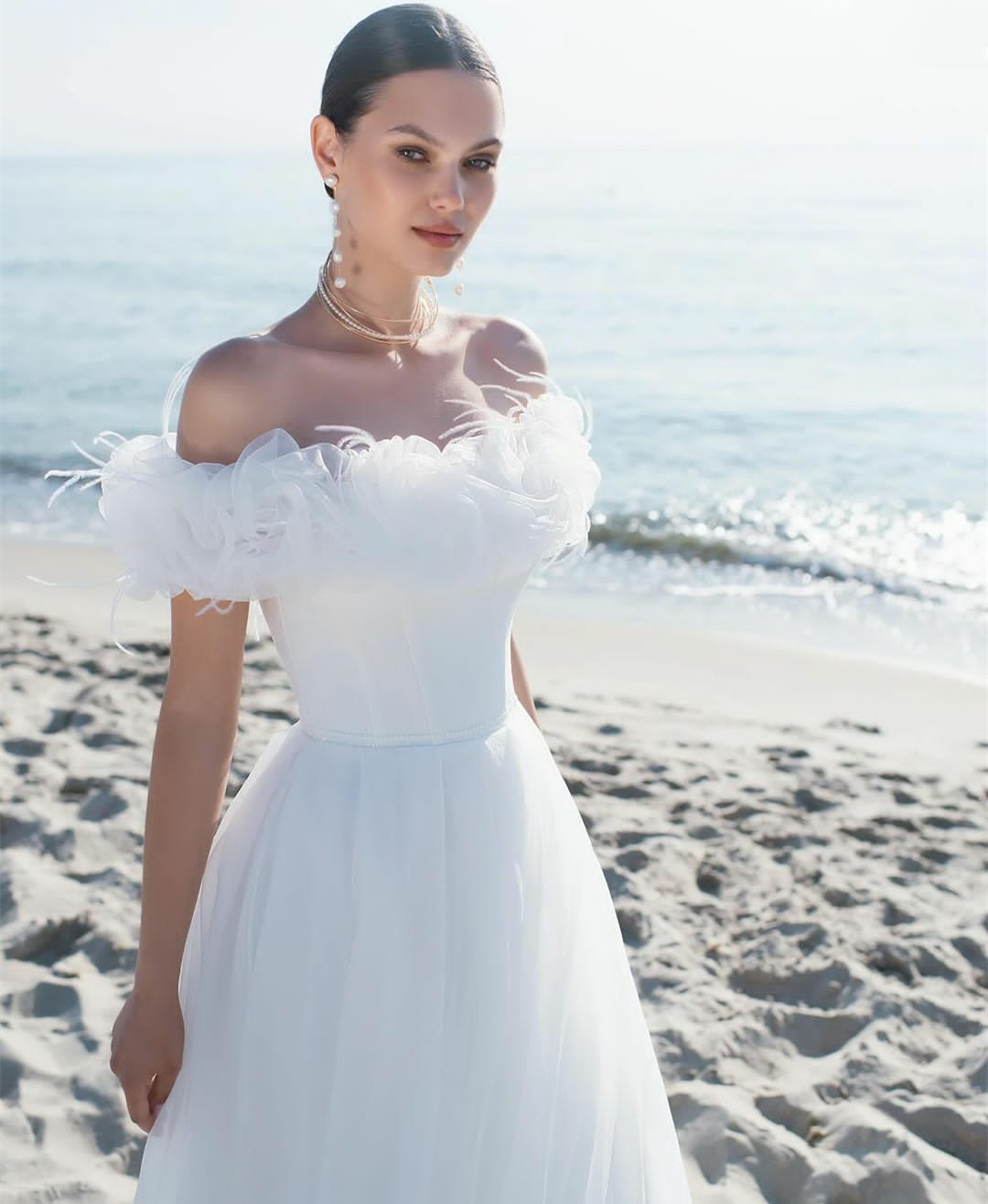 Robes de mariée élégantes longues blanches à col bateau avec volants a-ligne Tulle balayage train robe de mariée fermeture éclair dos robe de mariée robes de femmes