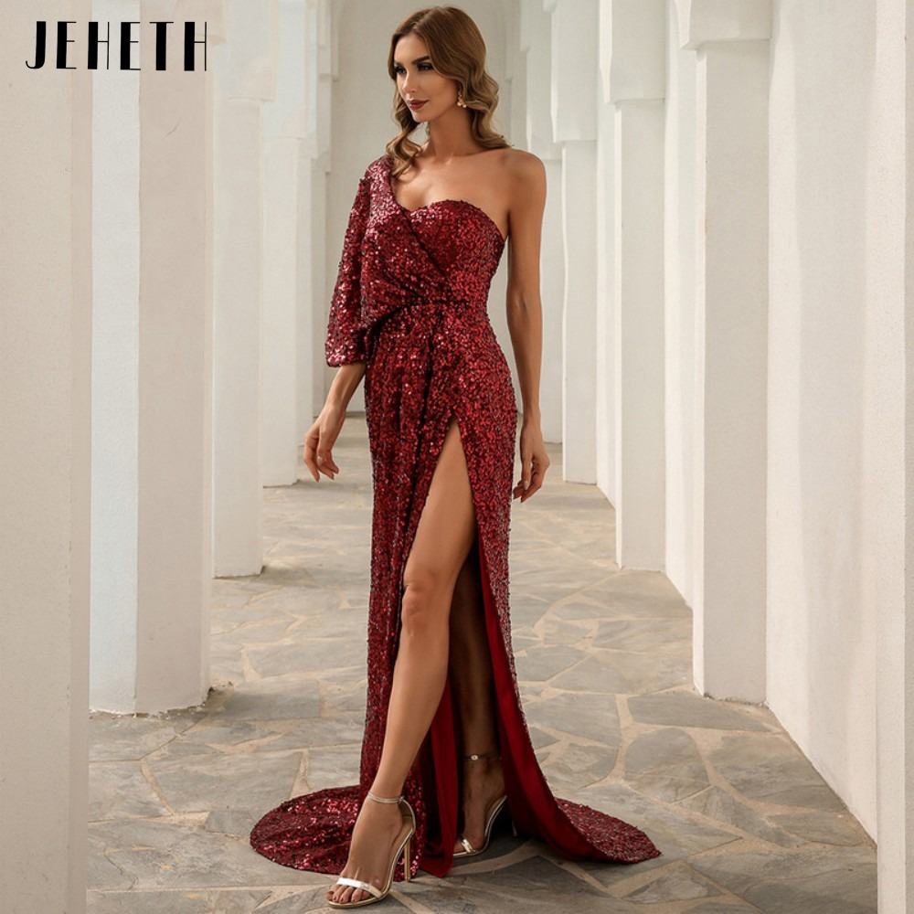 JEHETH Sexy One Shoulder Side Slit Sequins Mermaid Evening Dresses for Women Party Sweetheaert Backless Gowns robes