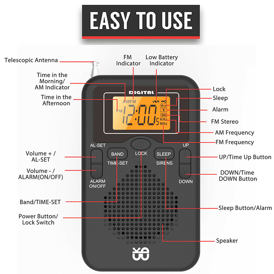 Portable Radio Mini AM FM Weather Radio Pocket Radio Player LCD-skärm Digital Alarm Clock Radio Long Range Bästa mottagning W-206