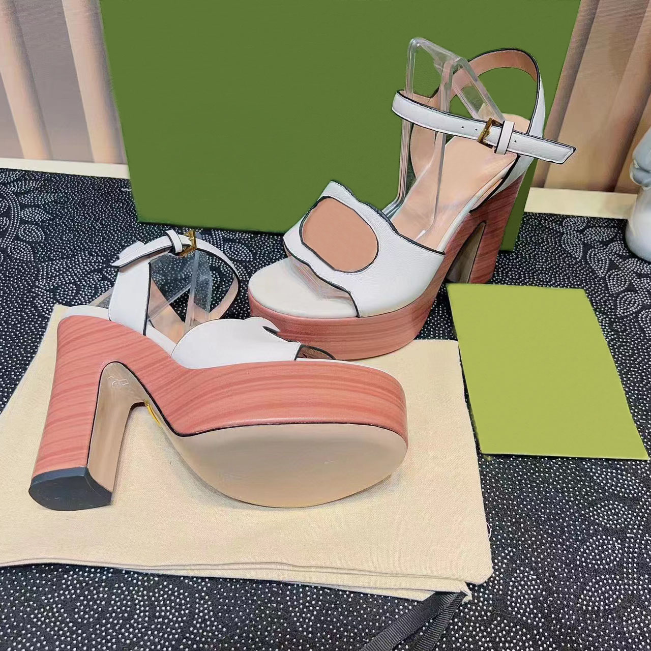 Schwarz-weiße Leder-Sandalen mit hohen Absätzen, Damen-Party-Modeschuhe, Größe 35–41, mit Box und Staubbeutel