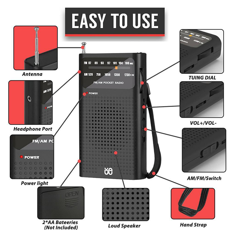 Mini Radio Portable AM/FM Dual Band Stereo Weather Pocket Radiomottagare för vandringsvandring C-908