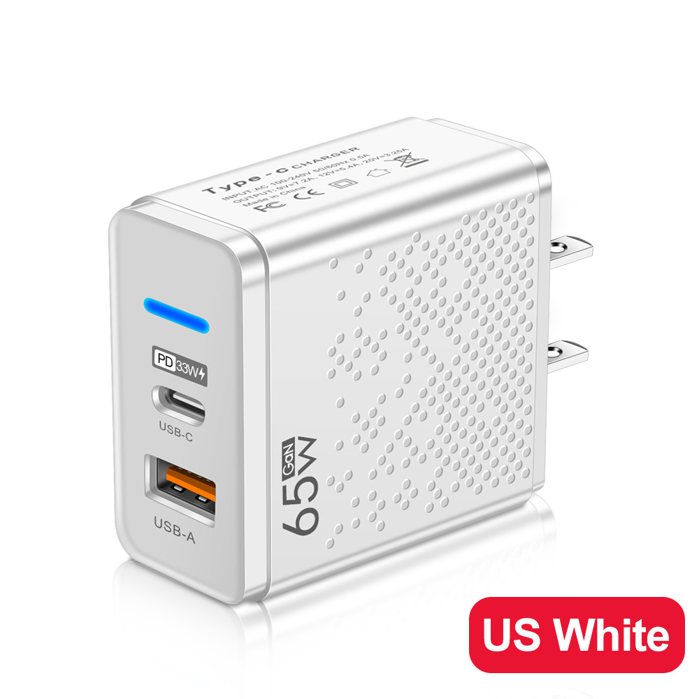 QC3.0/PD Fast Charger 65W Dual Port Charger For EU/UK/US Plug Quick USB/Type-c Mobile Phone Charger For iphone Samsung OPPO