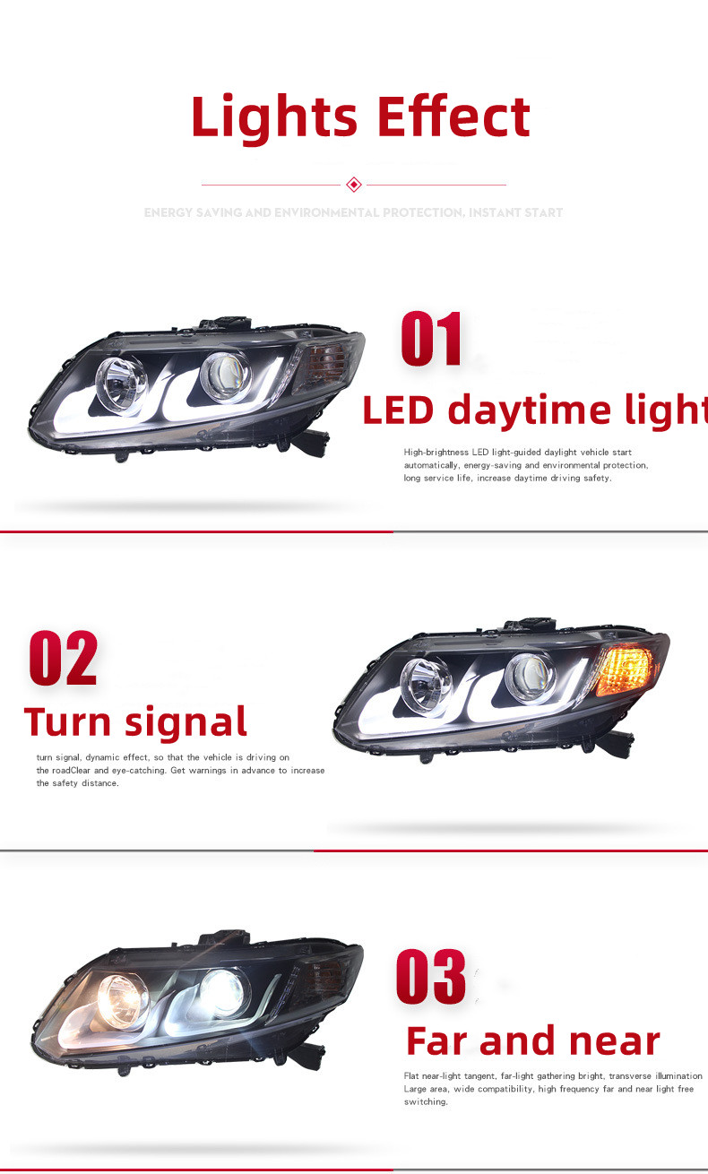 Bilkastare för Honda Civic G9 strålkastare Assembly 2012-20 15 G9.5 LED DAYTIME RUNN LIGHT LINS XENON Strålkastare