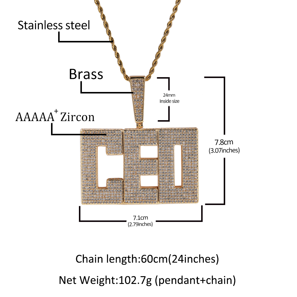 Hip Hop DIY Custom Name Large A-Z Letters Square Pendant Mens Necklace Full Zircon Jewelry