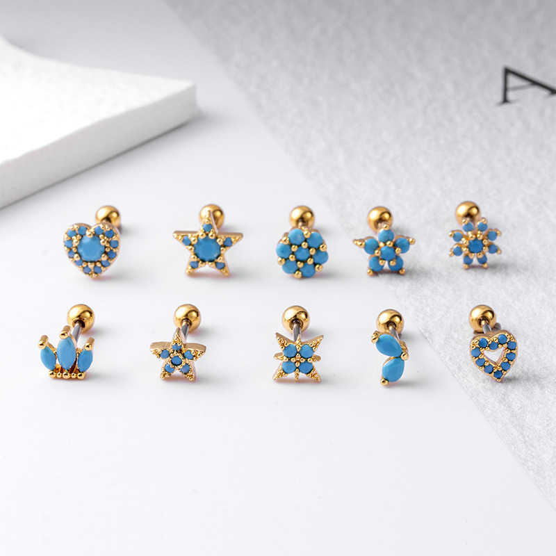 Earth Blue Artificial Stone Ear Bone Nail Double Head Screw Back Stud örhängen Rostfritt stål Tunna Rod Earnail Brosk Punktering Earring Studs Wholesale For Women