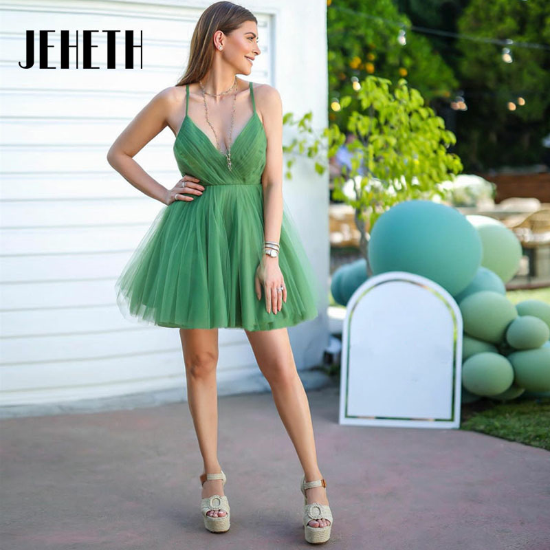 Jeheth Charming Spaghetti Strap Evening Dresses Green Short V-Neck Tulle Mini Cocktail Party Prom Ball Clow Custom Made Made