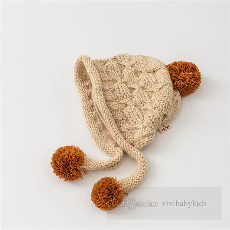 Chapeaux tricotés tissés à la main pour petites filles, pompons pour enfants en bas âge, bonnet chaud au crochet, couvre-oreilles pour enfants, automne et hiver, Z5624