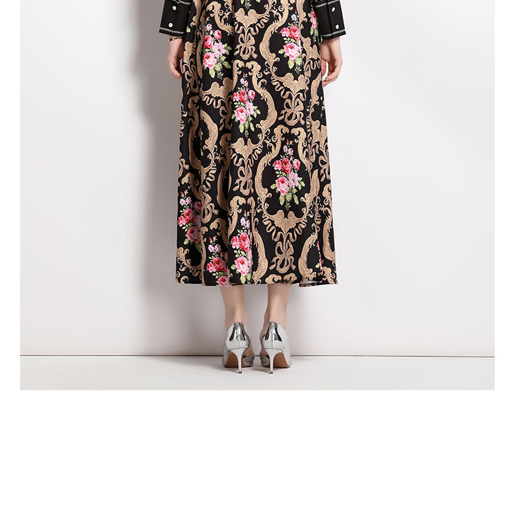 Casual Dresses 2023 Vintage Midi Dress Spring Autumn New Fashion Design Women Runway High Street Black Flowers Print Belt Elegant Dress