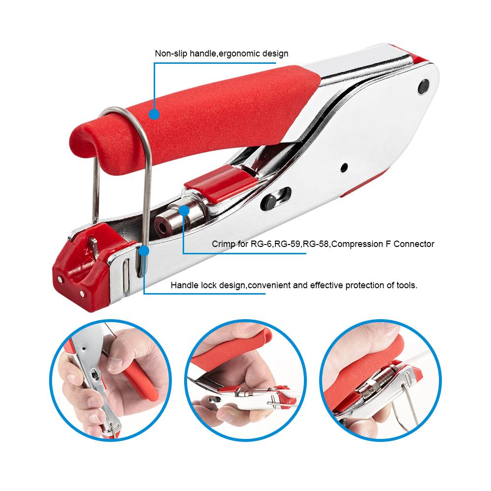 Tang New Multitool Wire Stripping Squeezing Pliers Coaxial Cable Cold Press Clamp RG59 RG6 Cable TV Crimping Tool Set with 20 F Heads