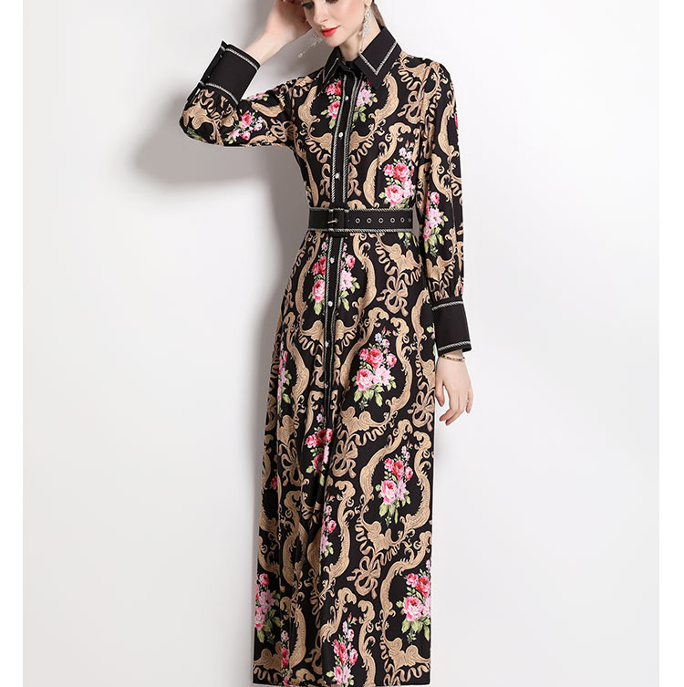 Casual Dresses 2023 Vintage Midi Dress Spring Autumn New Fashion Design Women Runway High Street Black Flowers Print Belt Elegant Dress