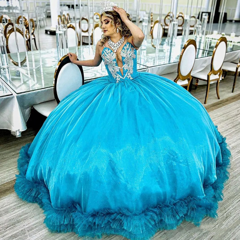 Aqua azul quinceanera vestidos sexy fora do ombro princesa vestido de baile apliques rendas contas tull em camadas espartilho vestido de festa para menina de 15 anos