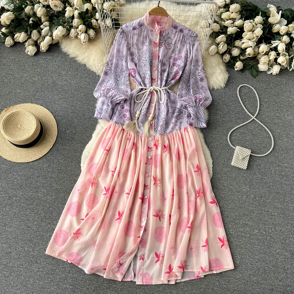 Casual Dresses 2023 Spring Summer Runway Flower Maxi Dress Women Long Sleeve Floral Print Loose Lace Waist Chiffon Holiday Long Vestidos