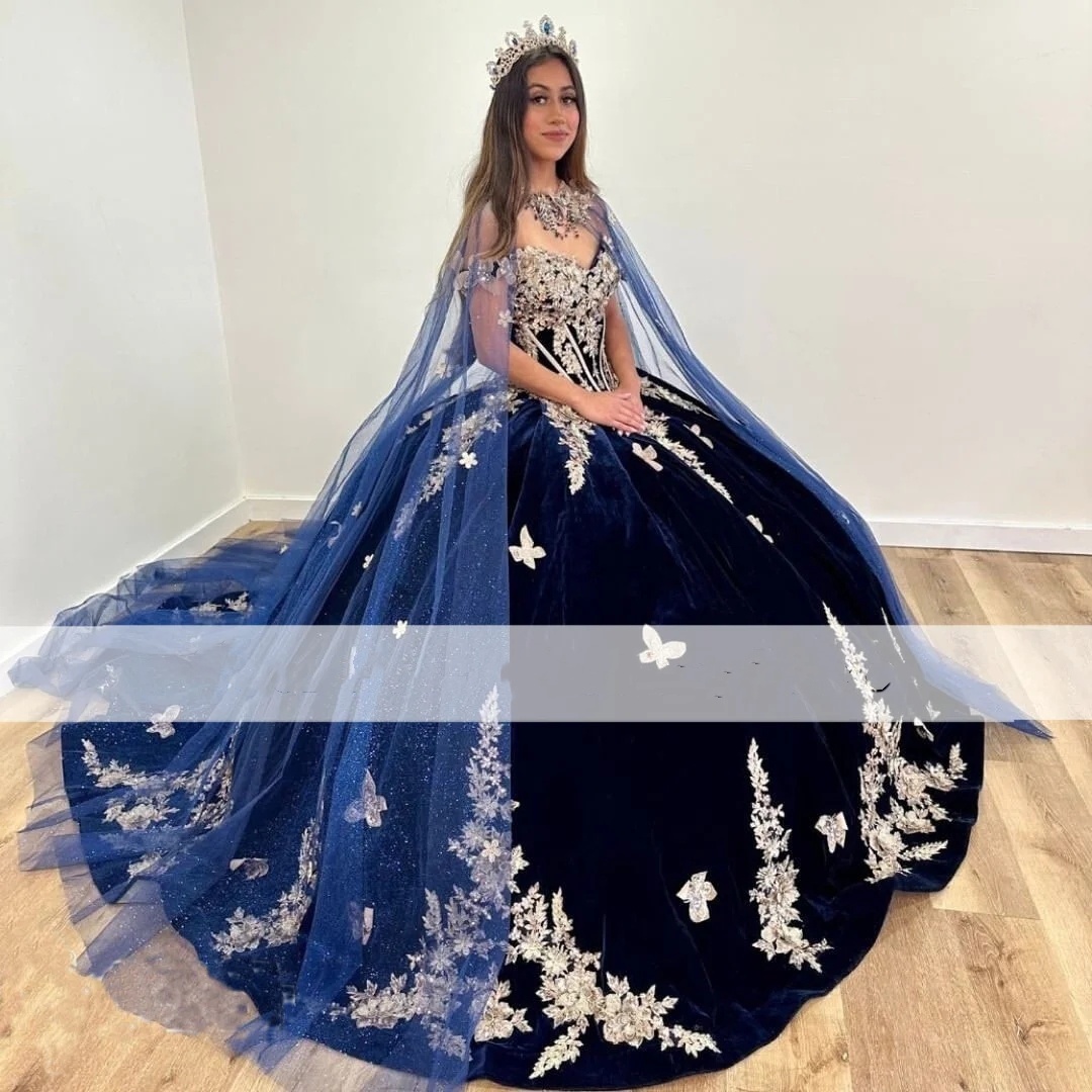 Navy Blue Quinceanera Dresses With Warp 2024 Off The Shoulder Velvet Sweet 16 Dress Gold Appliqued Butterfly Vestidos De 15 Anos