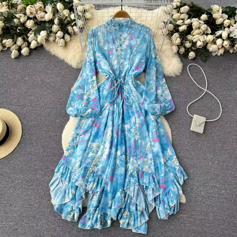 Casual Dresses 2023 Dresses Women European Vintage Lantern Sleeves Fragmented Flower Dress Spring Lace Up Waist Design Ruffled Fairy Vestidos