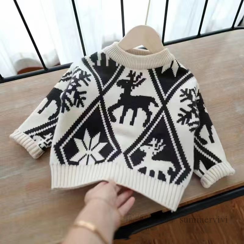 Рождественский детский вязаный пуловер с оленями и снежными цветами для мальчиков и девочек, свитер с героями мультфильмов, джемпер, рождественский детский утолщенный теплый универсальный комплект одежды Z5646