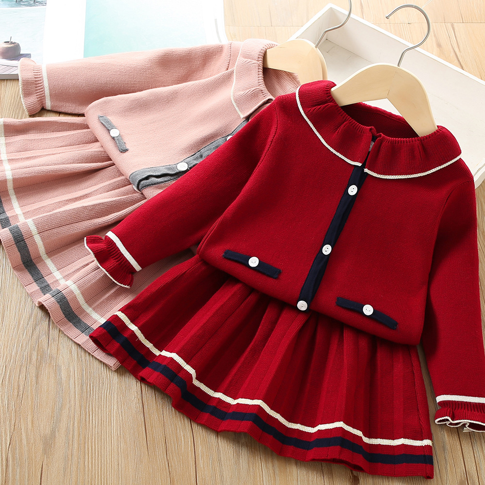 Kids Cardigan Sweater Coat Children Cloths SET Baby Girl Sweaters Skirt Kids Suit Knit Sweater Dress For Little Girls