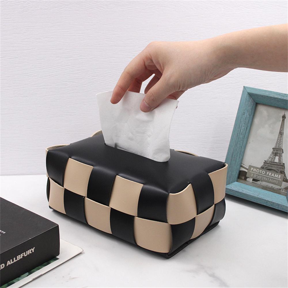 Organization Luxury Leather Tissue Box HandWoven Checkerboard Drawer Box Home Decoration Napkin Holder Desktop Color Matching Storage Case