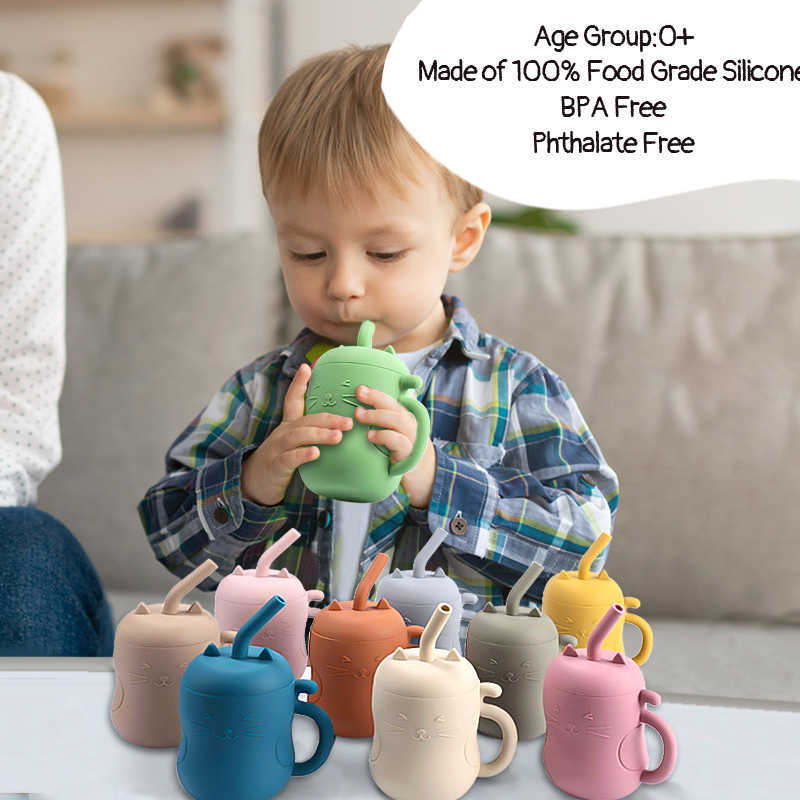 Utensílios de pratos de xícaras 250 ml bebês alimentação drinques palha xícara de bebê aprendizado de garrafas de alimentação à prova de vazamento de arbustos de mesa de silicone para criança garrafa de água p230314