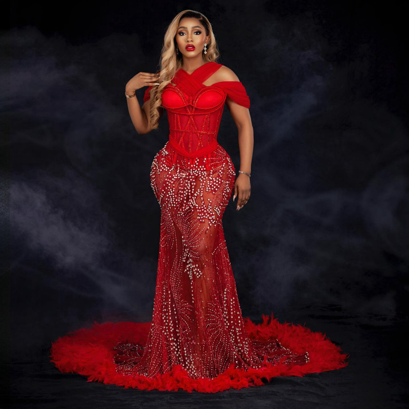 African Arabic Aso Ebi Prom Dresses Red Feather Luxurious Beaded See Through Evenning Dress Engagement Pageant Birthday Party Gowns Beaded Dinner Simple Gown ST511