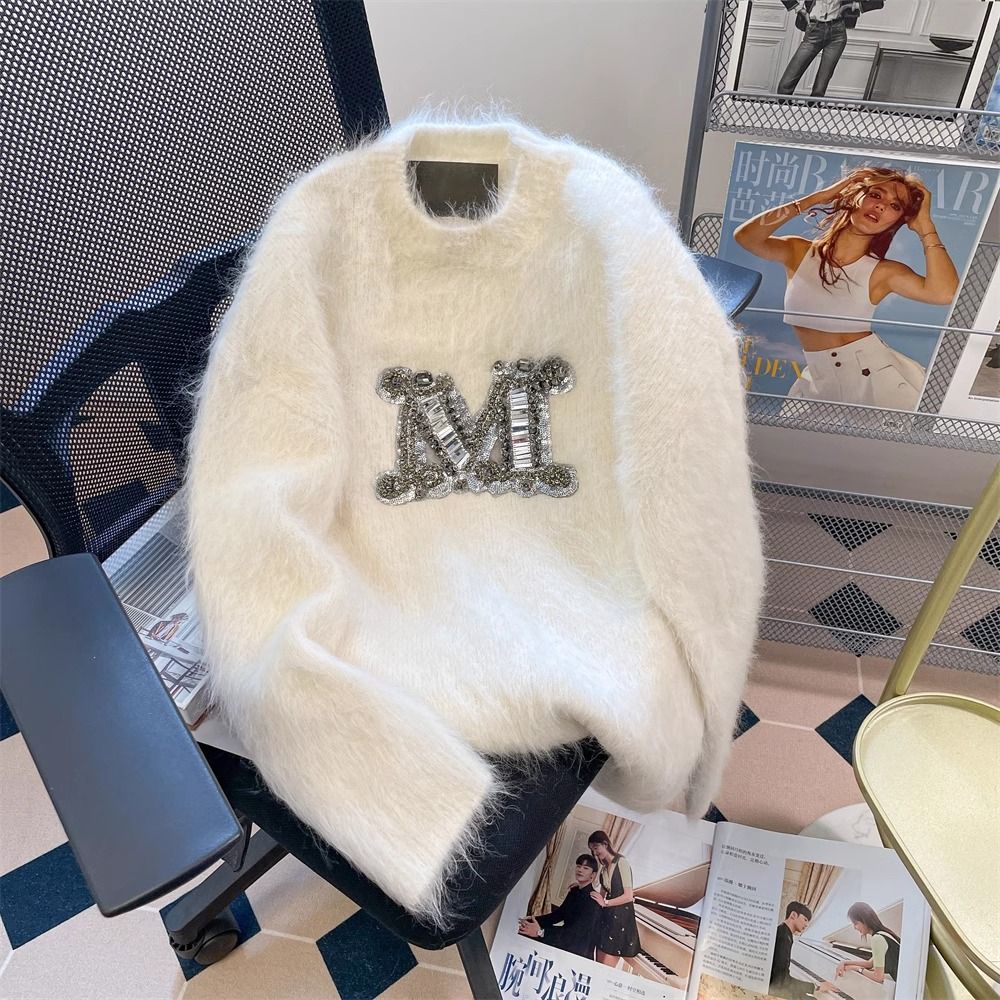 Novo design feminino gem strass design de luxo logotipo mohair lã malha grossa camisola jumpers SMLXLXXL