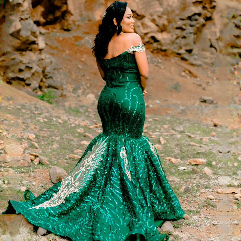 2023 Emerald Aso Ebi Prom Dress Mermaid Off Shoulder Lace Evening Dresses Andra mottagningsklänningar Födelsedagsfestklänning Afrikanska arabiska tävlingsklänningar Robe de St508