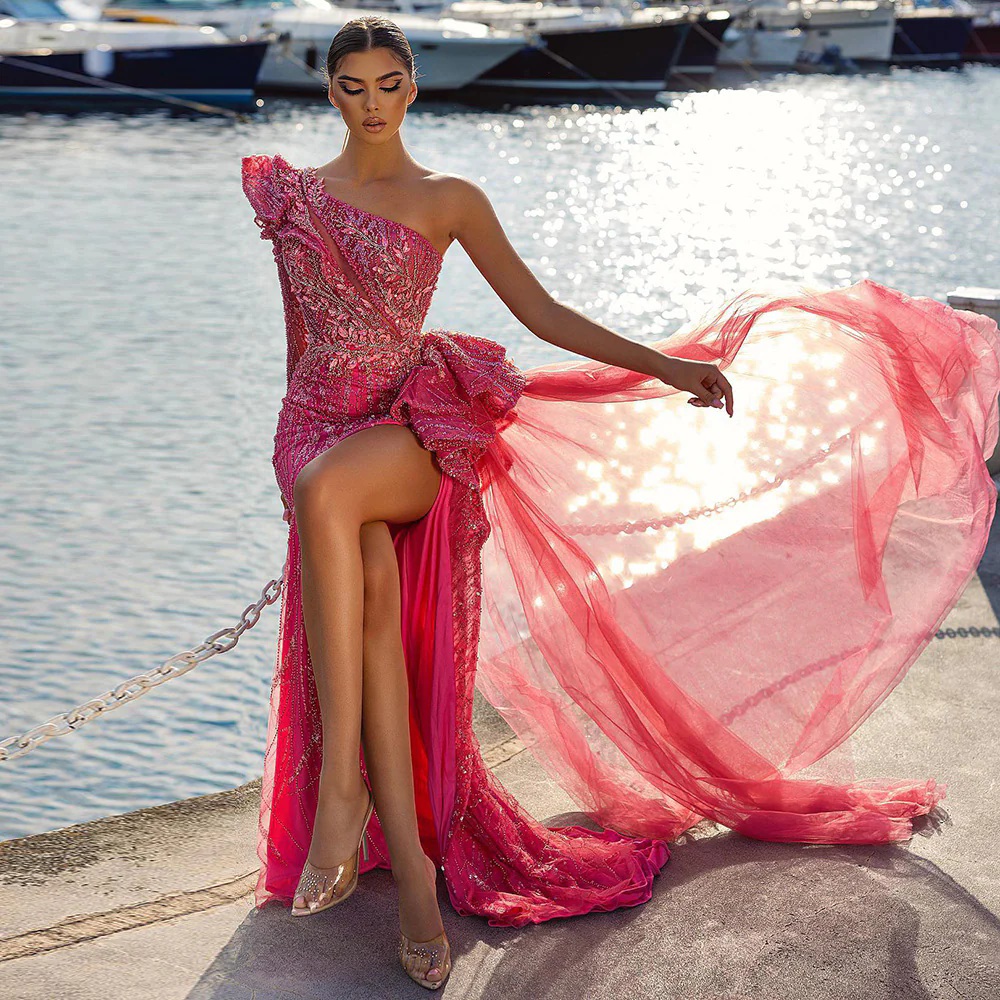 One Shoulder Red Boho Evening Gowns Sparkle Mermaid Beading Beach Long Sleeves Prom Dresses Evening Dress Vestido De Novia Guest Gowns
