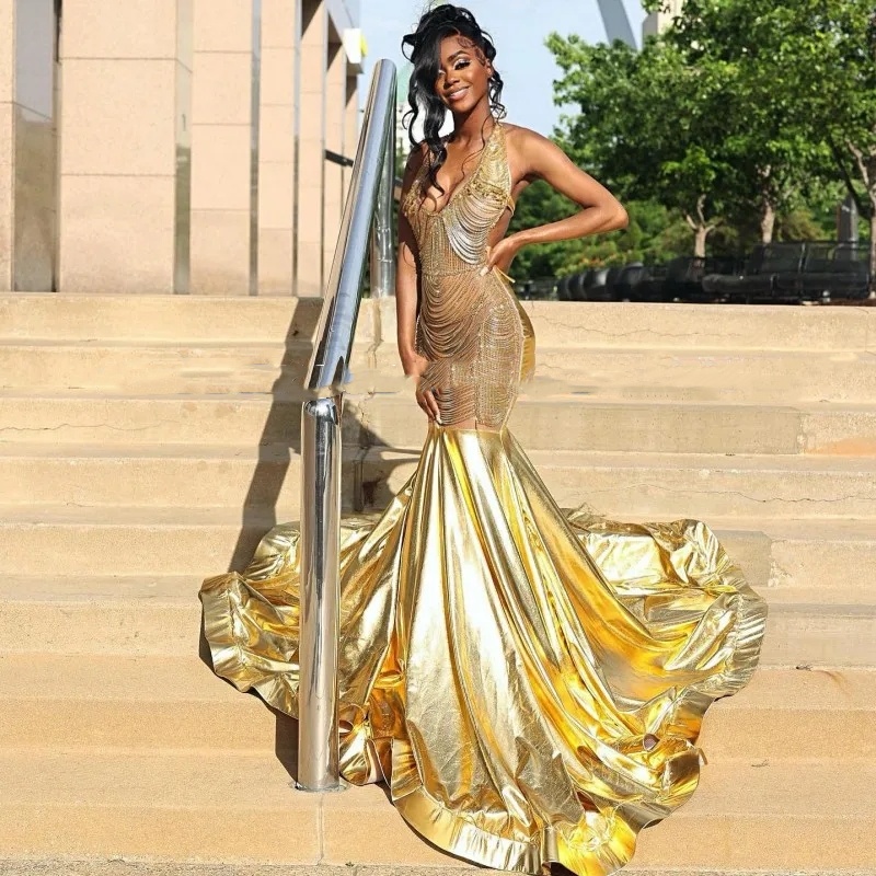 Sparkly Gold Crystal Prom Dresses Backless Rhinestone Tassel Mermaid Party Gowns Sweep Train African Women Evening Dress