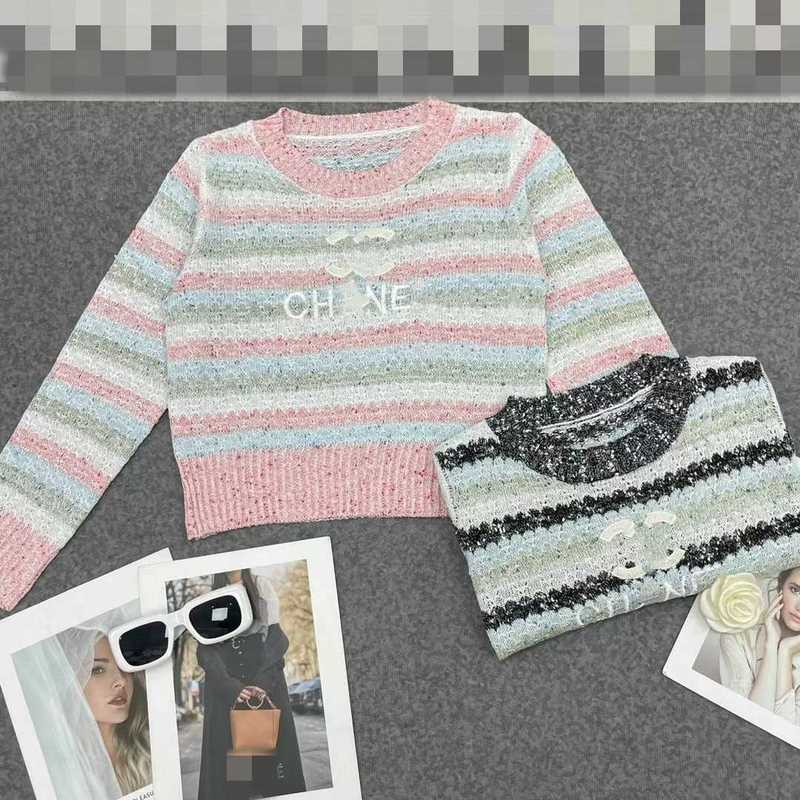 Women's Knits & Tees designer French Advanced 2023 Autumn Bright Silk Colored Yarn Stripe Contrast Knitted Shirt Long sleeved T-shirt Short Top 1MT9