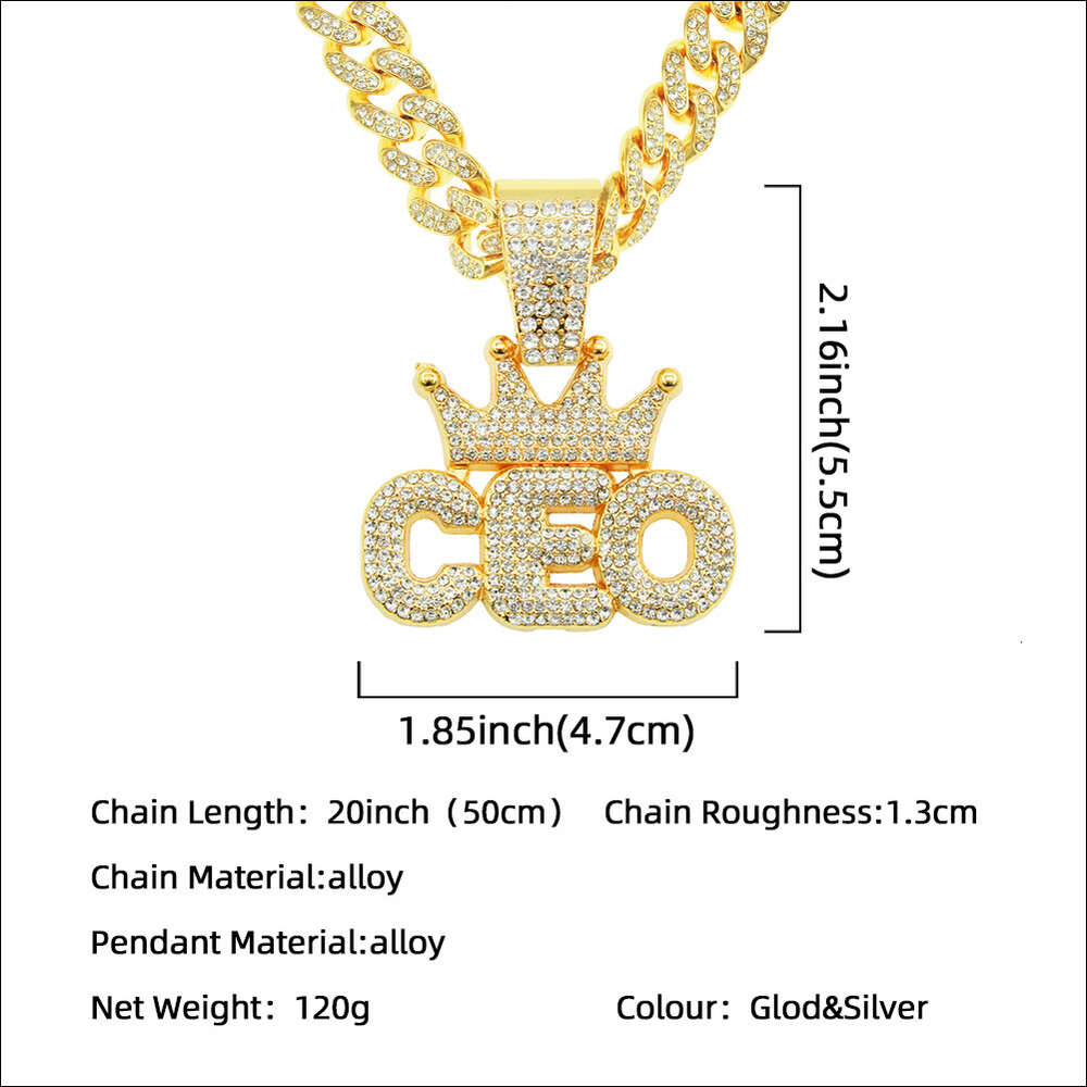 Hip Hop Full Diamond Crown CEO Letter Pendant Cuban Necklace Trendy Men's Dance Street Nightclub Accessories