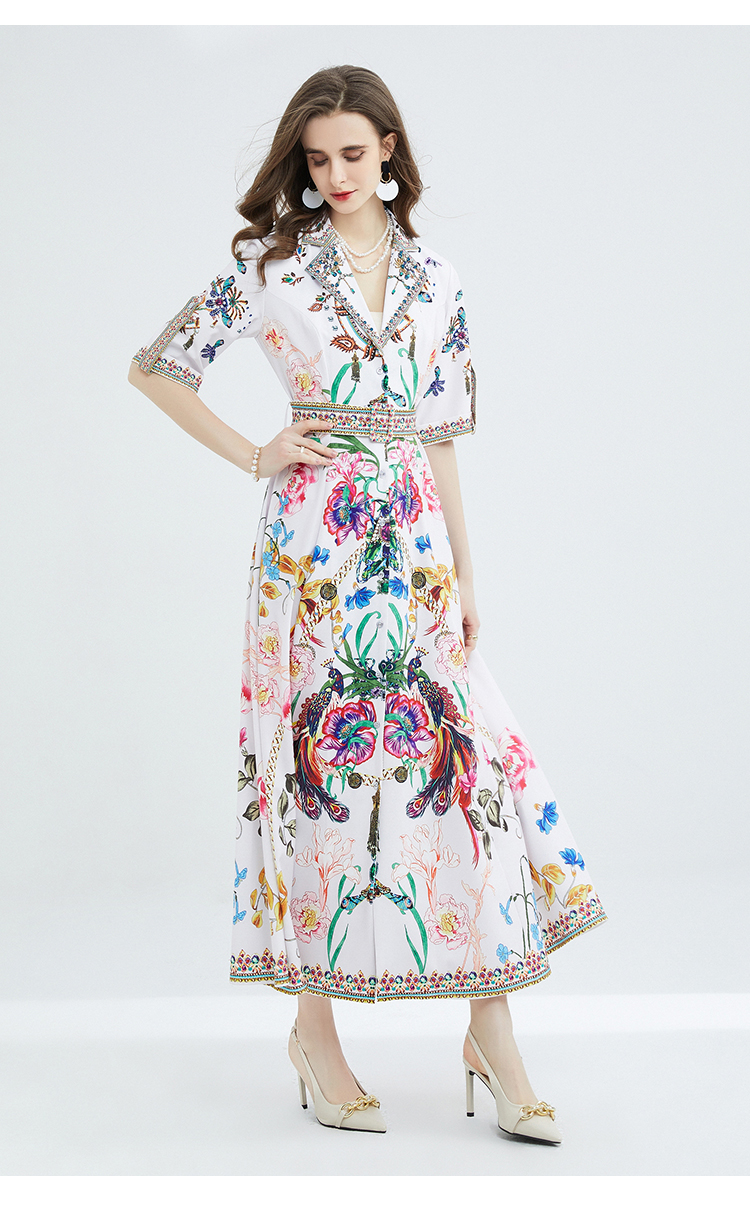 Sıradan Elbiseler 2023 Moda Tasarımcısı Pist Kristal Beading Yaz Elbise Kadın Çentik Yaka Çiçek Baskı Tek Kelime Breated Uzun Vestidos
