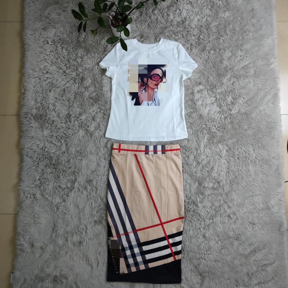 2023 Summer Two Piece Dresses Women Casual T-shirt Top and Midi Skirt Sets Outfits Free Ship