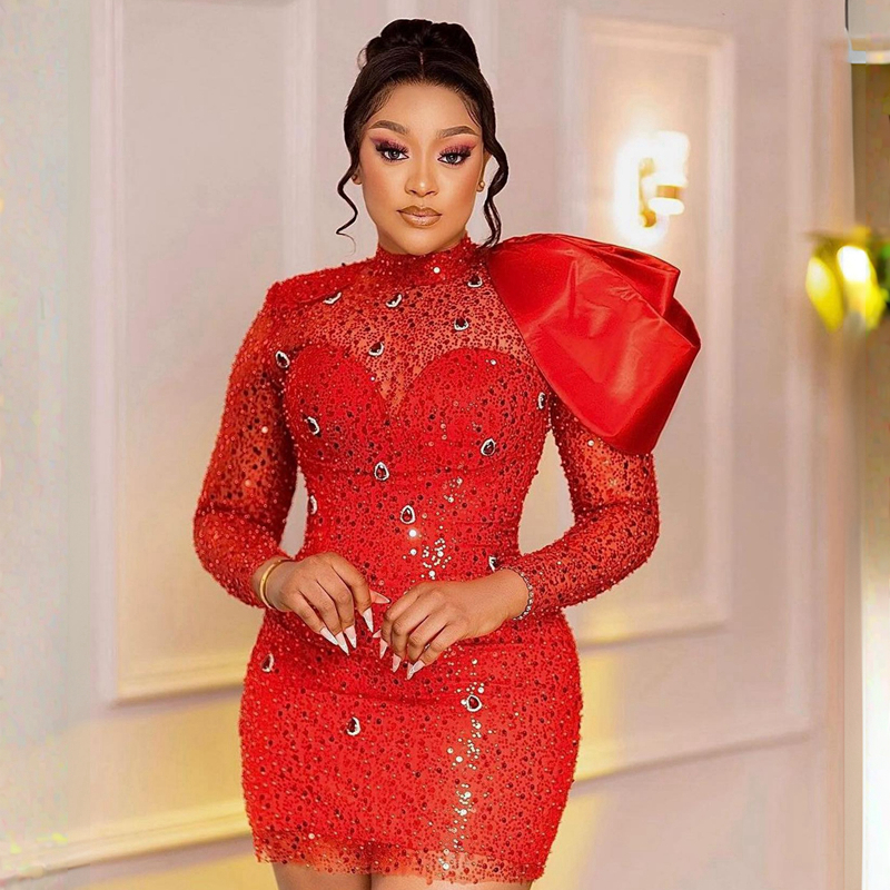 2023 Plus Size ASO EBI Cocktail Dresses Short Mini Long Sleeves Red Prom Dress High Neck Birandhing Graducation Dougs Formal Causal African Wear Gown C008