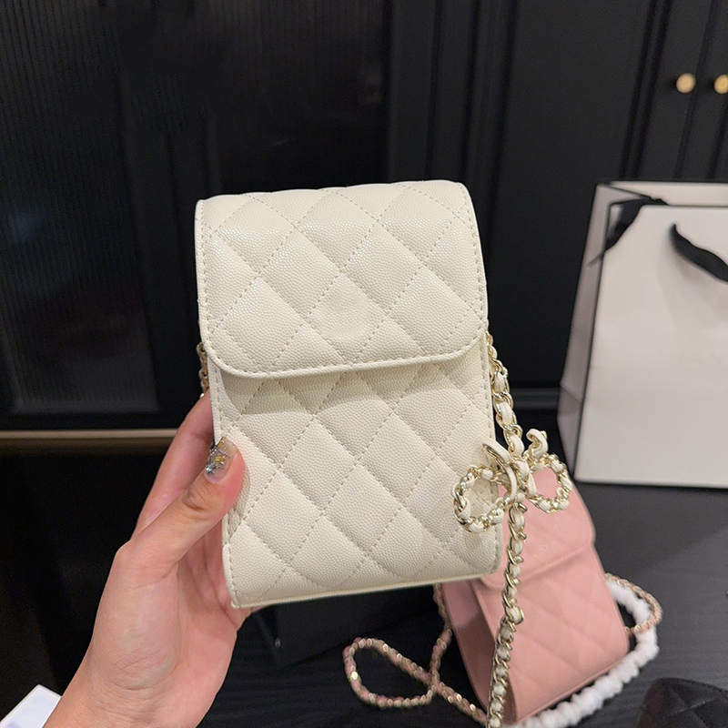 Luxury Designer Solid Color Women Shoulder Bag New Classic Fashion Diamond Lattice Chain Crossbody Bag French Brand Double Letter High Quality Bow Mobile Phone Bag