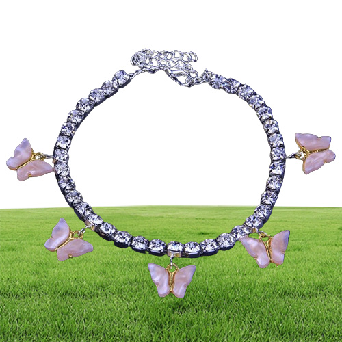 Acrylique papillon femmes bracelets de cheville glacé chaîne de tennis jambe bracelet strass argent or animal pendentif charmes mode plage pieds5079310