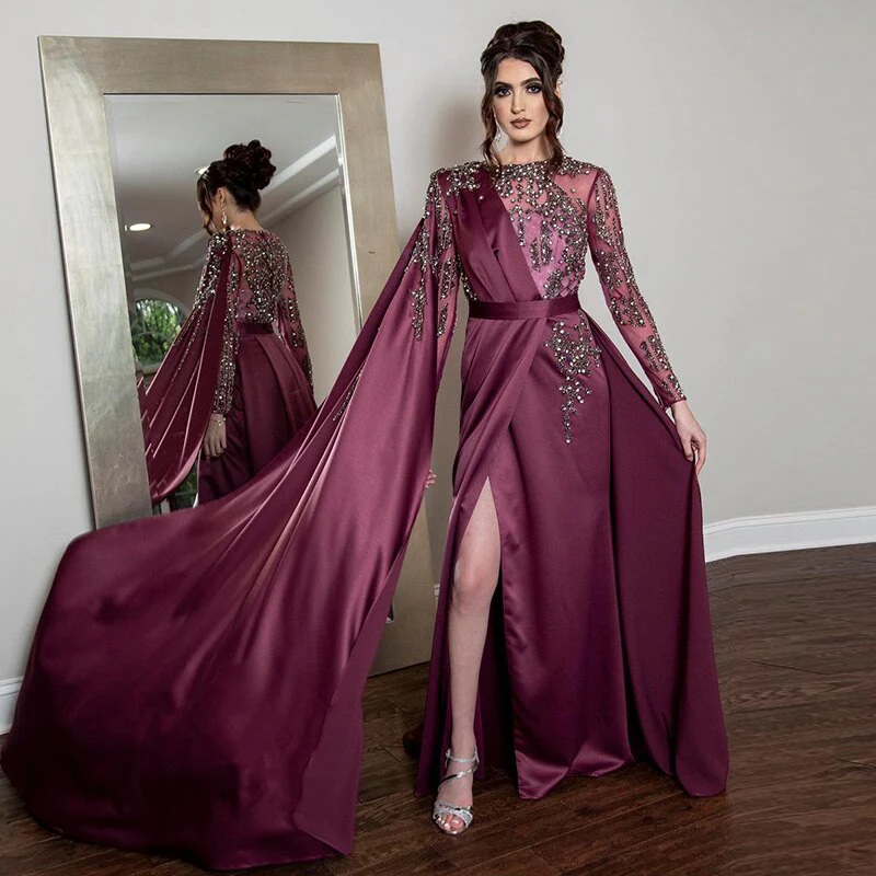 Dark Red Prom Dresses Glitter Long Sleeves Sparkle Mermaid Appliques Beach Bridal Dress Vestido De Novia