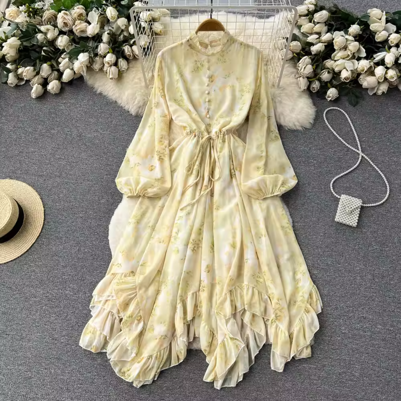 Casual Dresses 2023 Dresses Women European Vintage Lantern Sleeves Fragmented Flower Dress Spring Lace Up Waist Design Ruffled Fairy Vestidos